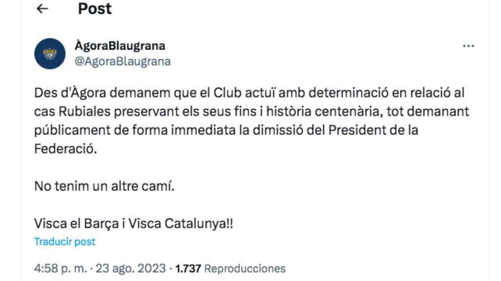 Tuit de Àgora Blaugrana