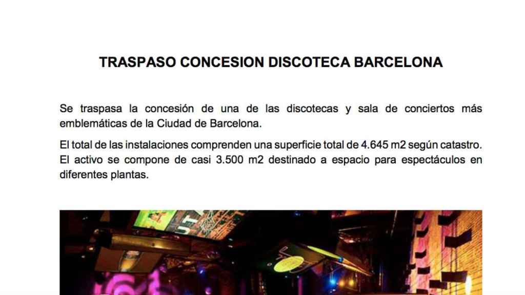 Imagen del dosier de traspaso de la Sala Bikini de Barcelona