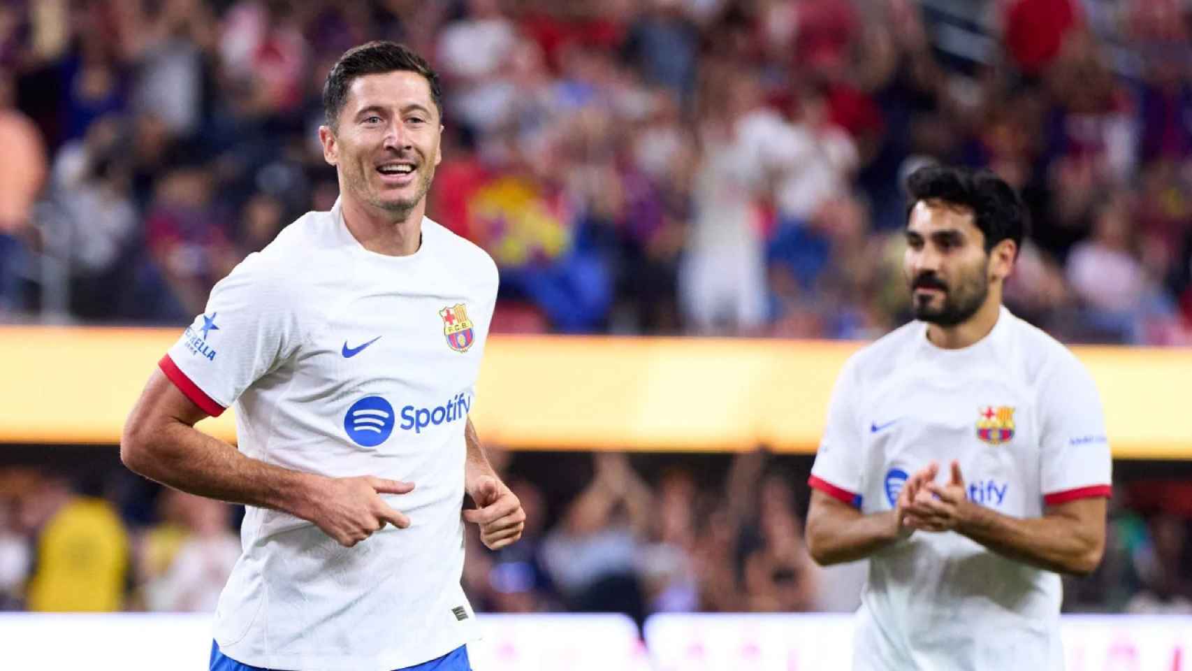 Robert Lewandowski, celebra un gol anotado en la pretemporada del Barça