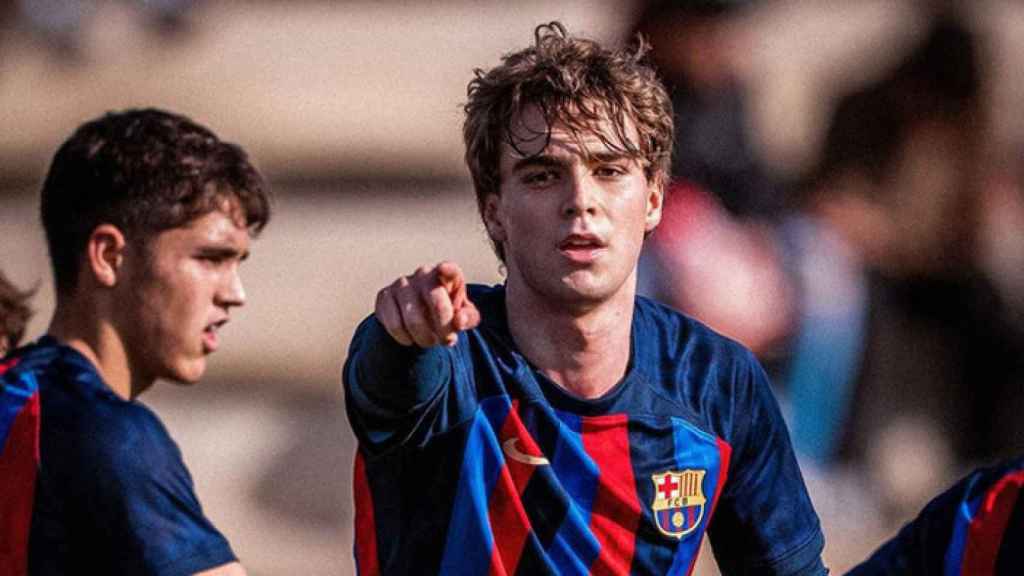 Cristóbal Muñoz, celebrando un gol con el Barça en la temporada pasada