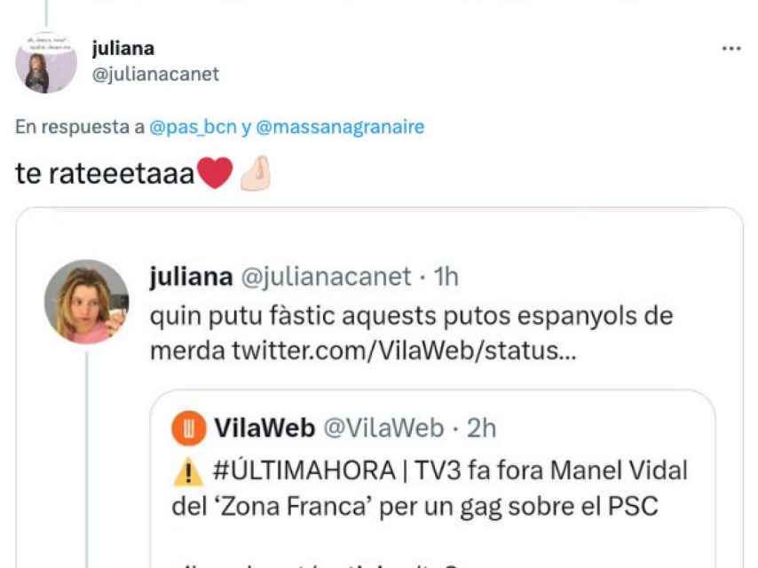 Tuit de Juliana Canet, presumiendo de su tuit borrado sobre los putos españoles de mierda