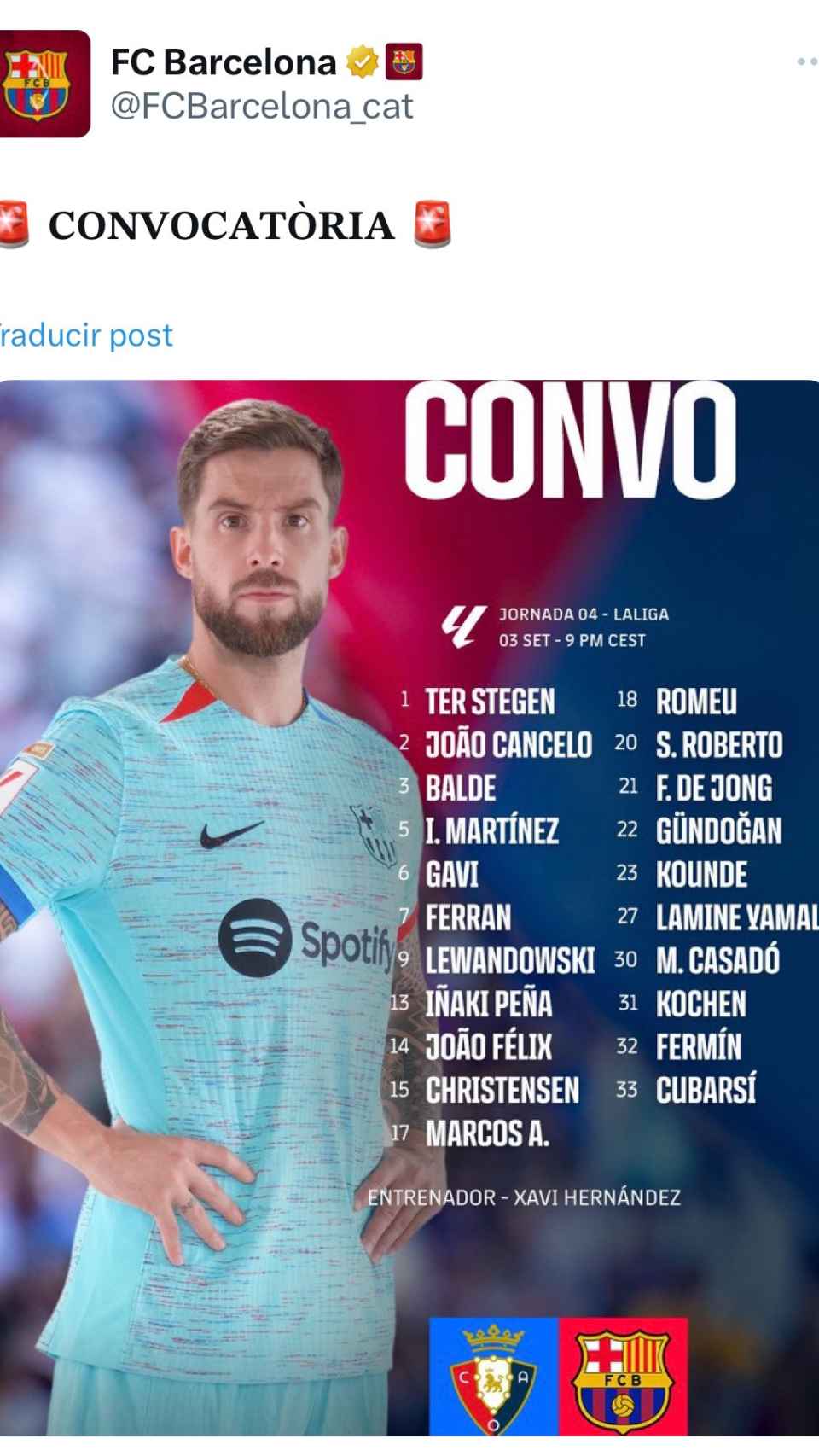 La convocatoria del FC Barcelona para enfrentarse al CA Osasuna