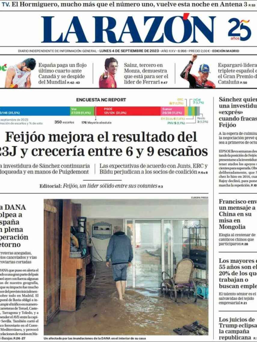 Portada de 'La Razón' de 4 de septiembre de 2023