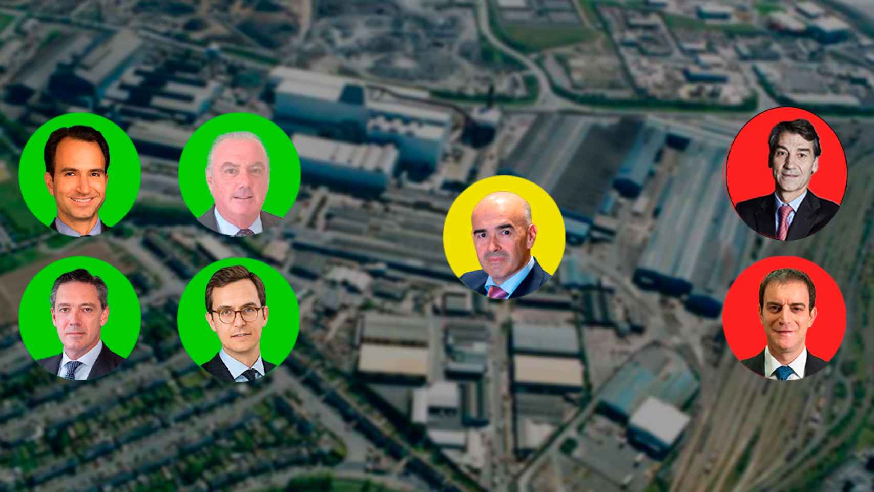 De arriba abajo y de izquierda a derecha. En verde: Olaf Díaz-Pintado (Goldman Sachs), Íñigo Martos (Deutsche Bank), Josep Maymí (Lexaudit) y Álvaro Fabián (SVP). En amarillo: Eduardo Ruiz de Gordejuela (Kutxabank). En rojo: Javier Pujol (Ficosa) y Francesc Rubiralta (Celsa)