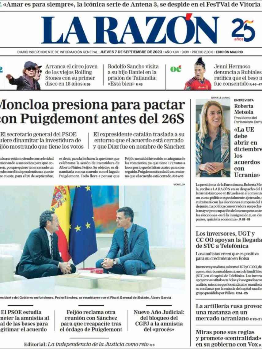 Portada de 'La Razón' de 7 de septiembre de 2023