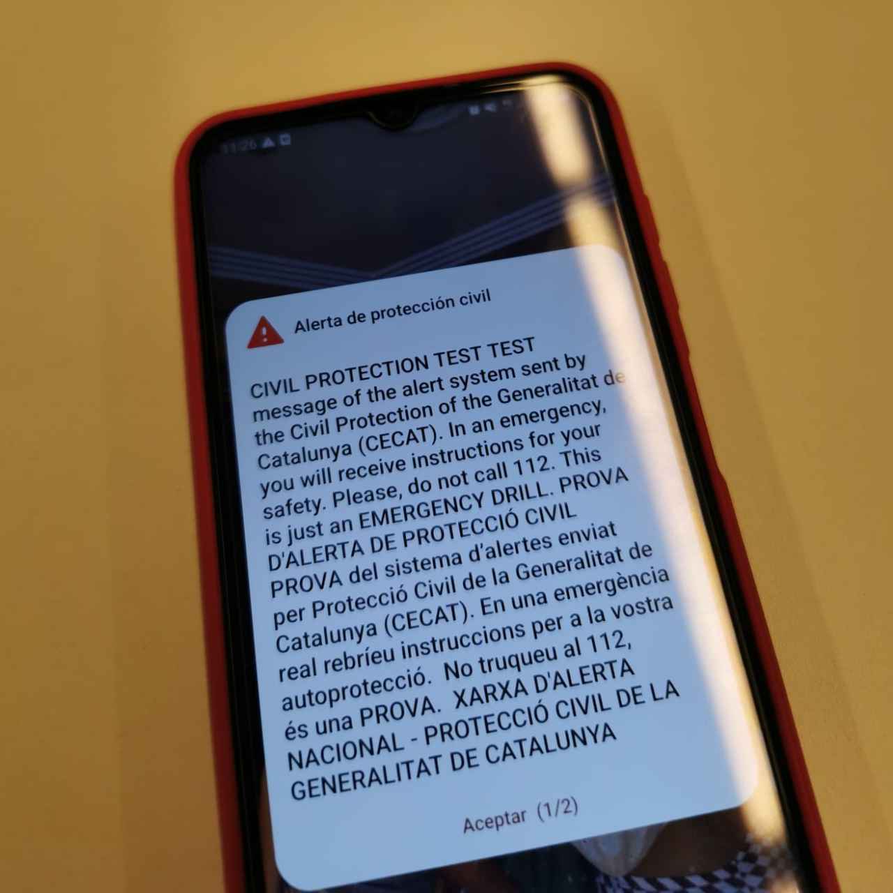 Captura del mensaje de la alerta a móviles de Protecció Civil