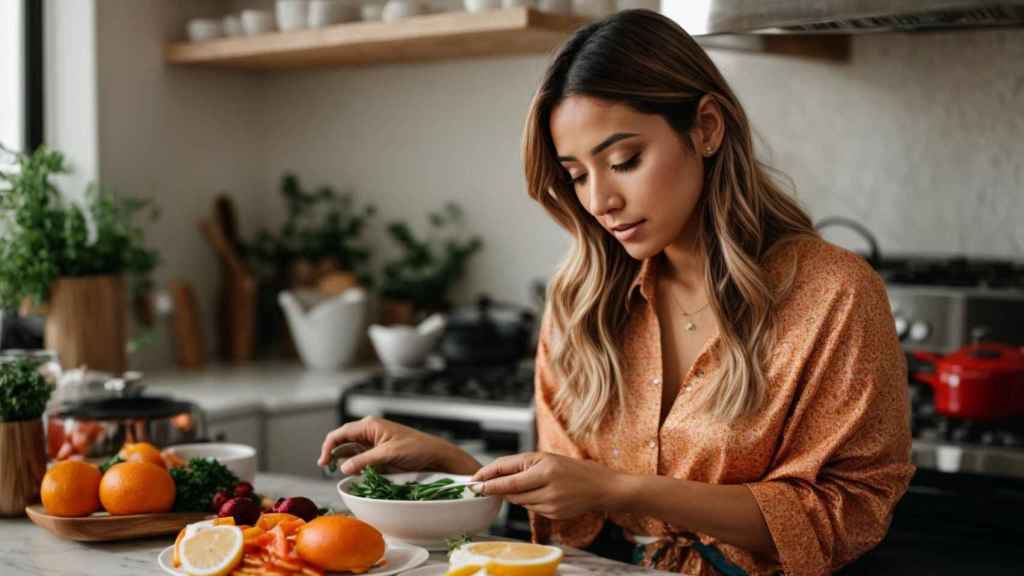 Mujer desayuna