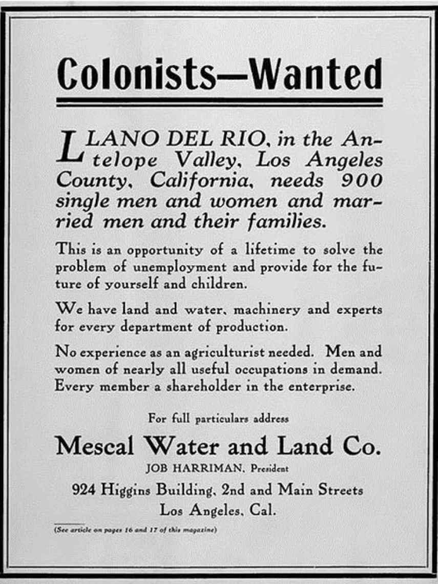 Anuncio para atraer colonos a Llano del Río, en Los Ángeles