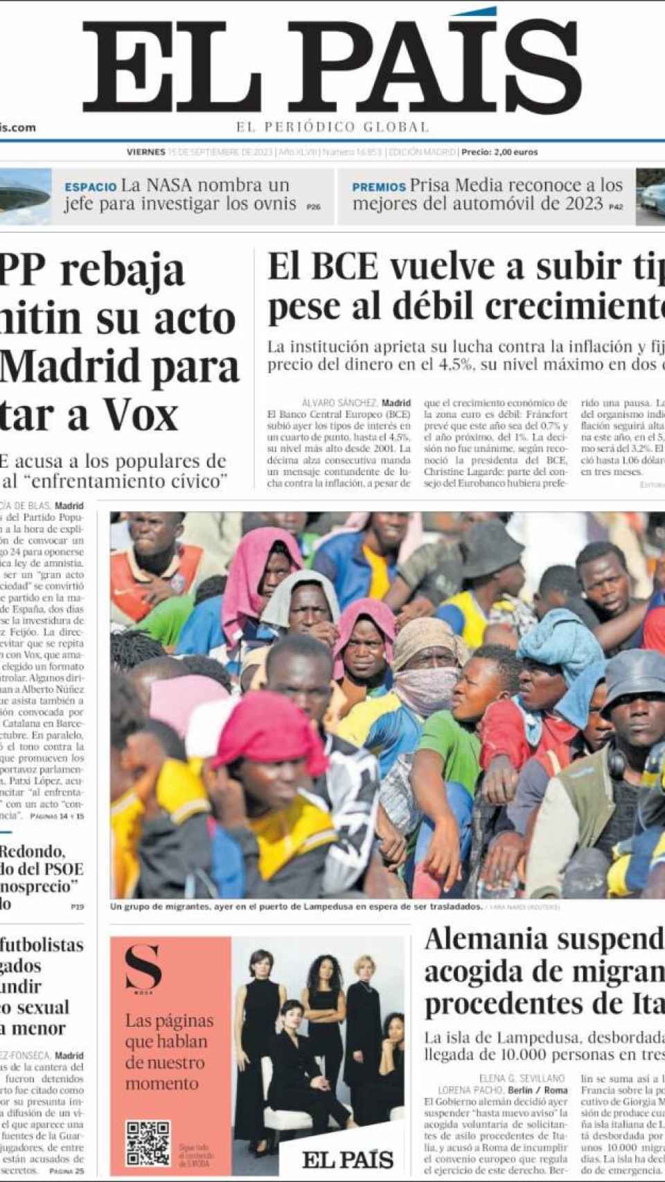 Portada de 'El País' del 15 de septiembre de 2023