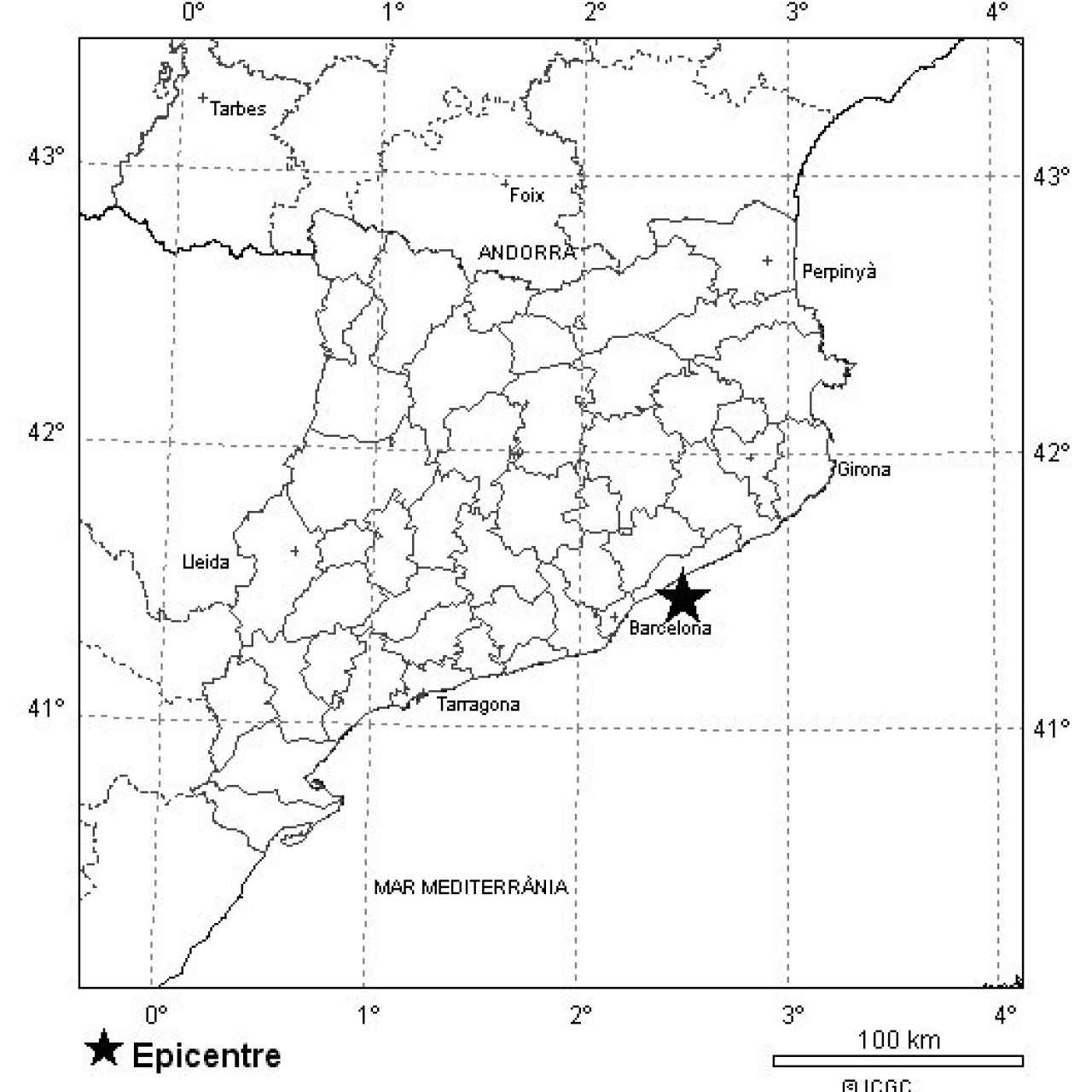 Epicentro del terremeto de este domingo en la costa barcelonesa del Maresme