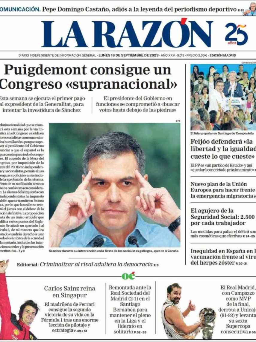 Portada de 'La Razón' de 18 de septiembre de 2023