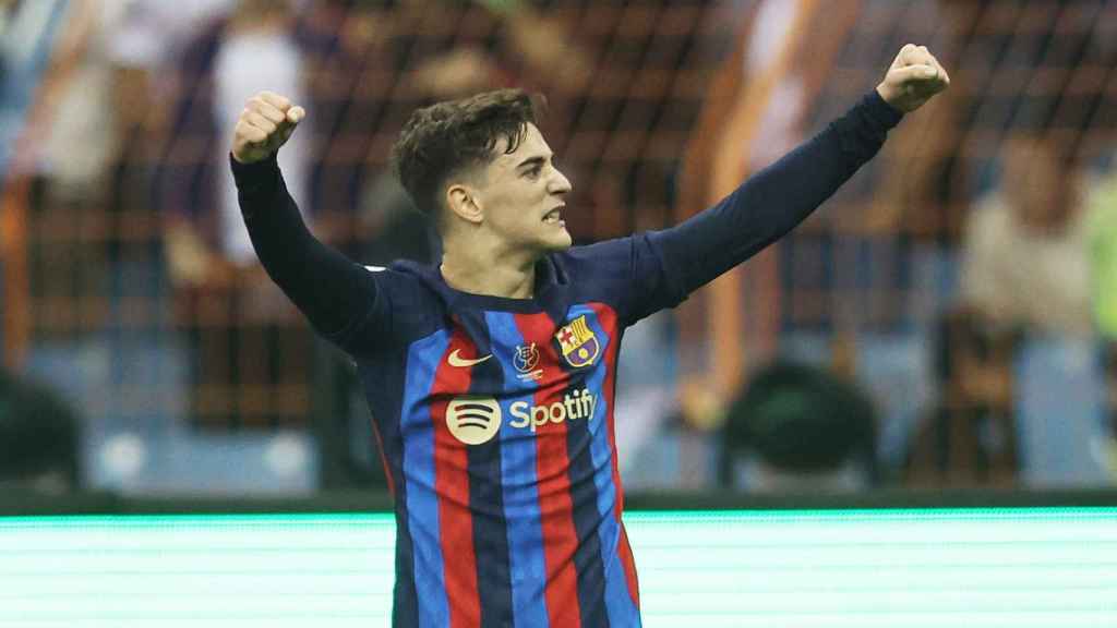 Gavi celebra su gol al Real Madrid en la final de la Supercopa