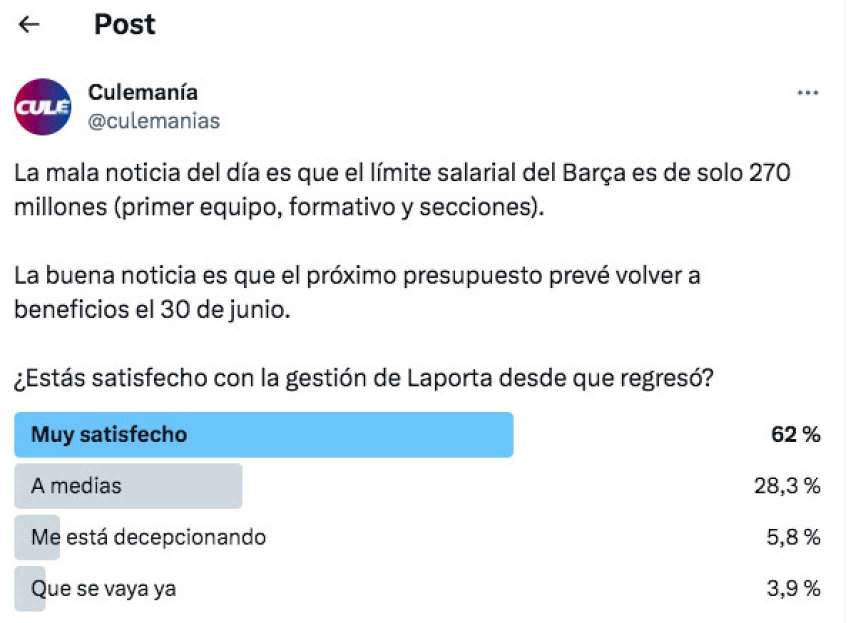 Encuesta sobre la gestión de Laporta en Culemanía