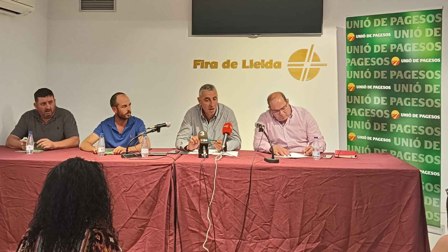 De izquierda a derecha: el responsable de Sectores Agrícolas de Unió de Pagesos, Miquel Piñol; el miembro de la sectorial de Fruta Dulce, Xavier Gorgues; el responsable nacional de Fruta Dulce, Jaume Gardeñes, y el miembro de la comisión permanente del Segrià, Nèstor Serra