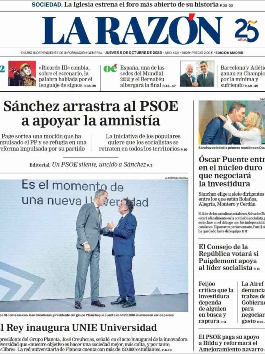 Portada de 'La Razón' de 5 de octubre de 2023