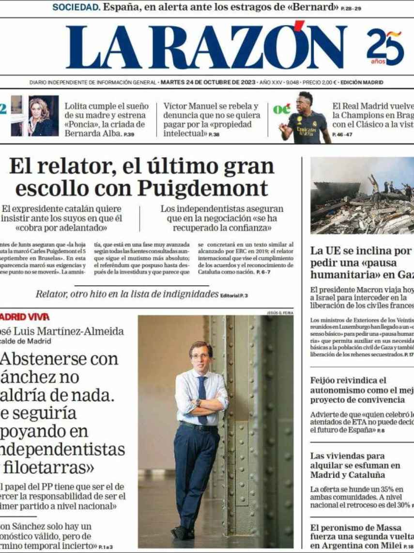 Portada de 'La Razón' de 24 de octubre de 2023