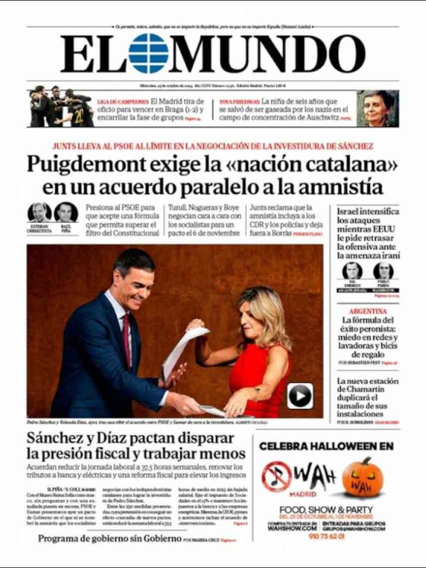 Portada de 'El Mundo' de 25 de octubre de 2023