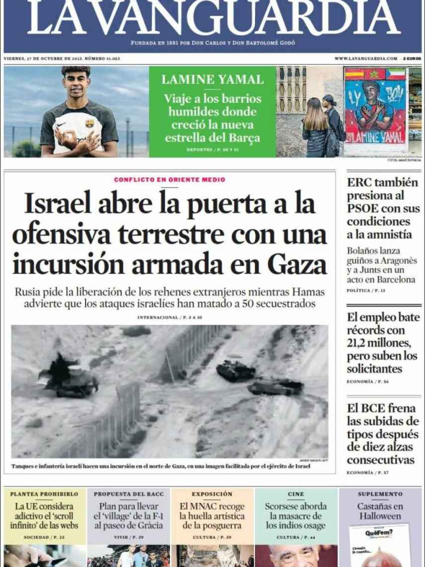 Portada de 'La Vanguardia' de 27 de octubre de 2023