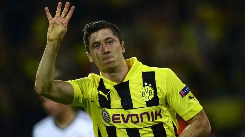 Robert Lewandowski celebra su póker al Real Madrid en la Champions League 2012-13