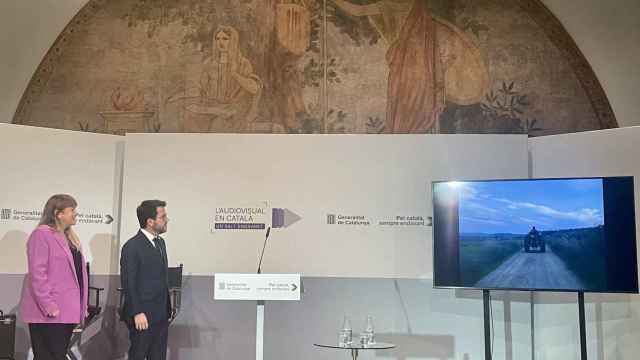 La 'consellera' Natàlia Garriga y el presidente de la Generalitat, Pere Aragonès, en la presentación del balance de políticas audiovisuales en catalán
