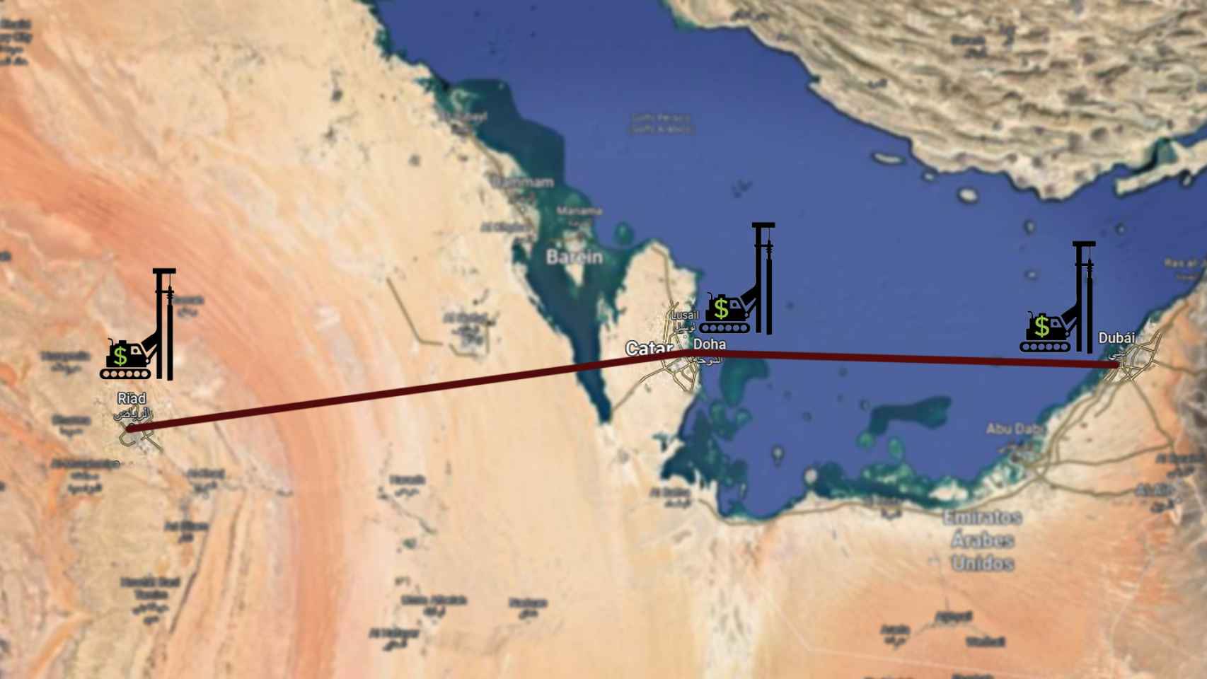 Mapa del dinero en el golfo Pérsico con el eje de Riad, Doha y Dubái resaltado