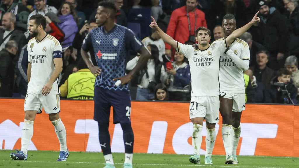 Brahim Díaz festeja su gol anotado contra el Sporting Braga en la Champions