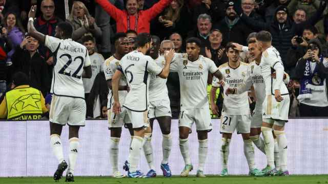 Los jugadores del Real Madrid festejan un gol en la victoria contra el Sporting de Braga