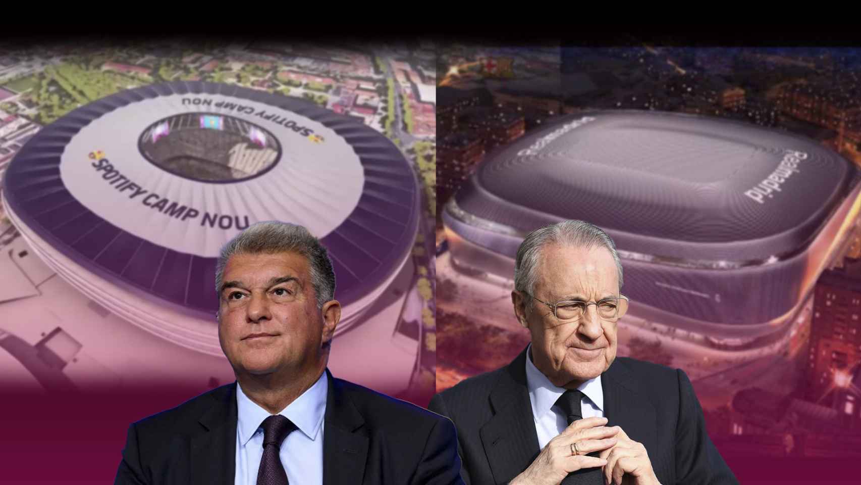 Joan Laporta y Florentino Pérez, con recreaciones virtuales del futuro Camp Nou y del Bernabéu