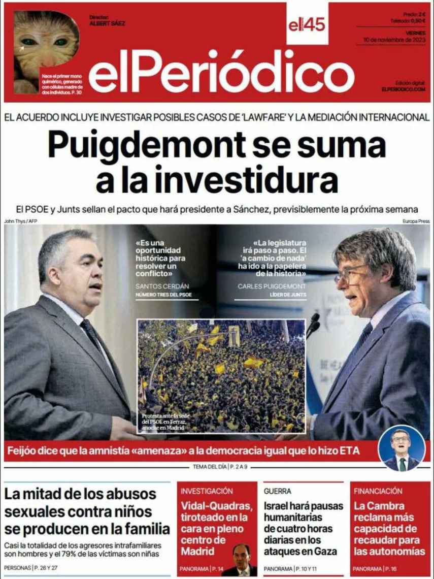 Portada de 'El Periódico' de 10 de noviembre de 2023