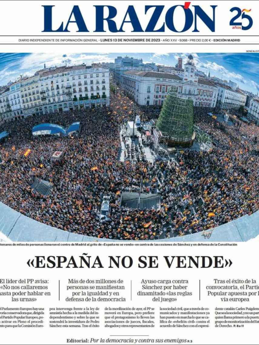 Portada de 'La Razón' de 13 de noviembre de 2023