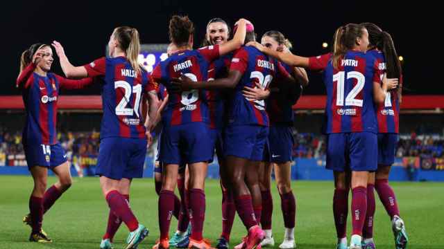 Las jugadoras del Barça Femenino, celebrando un gol en Champions League