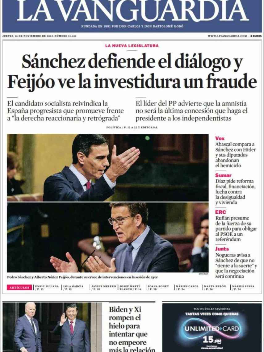 Portada de 'La Vanguardia' de 16 de noviembre de 2023