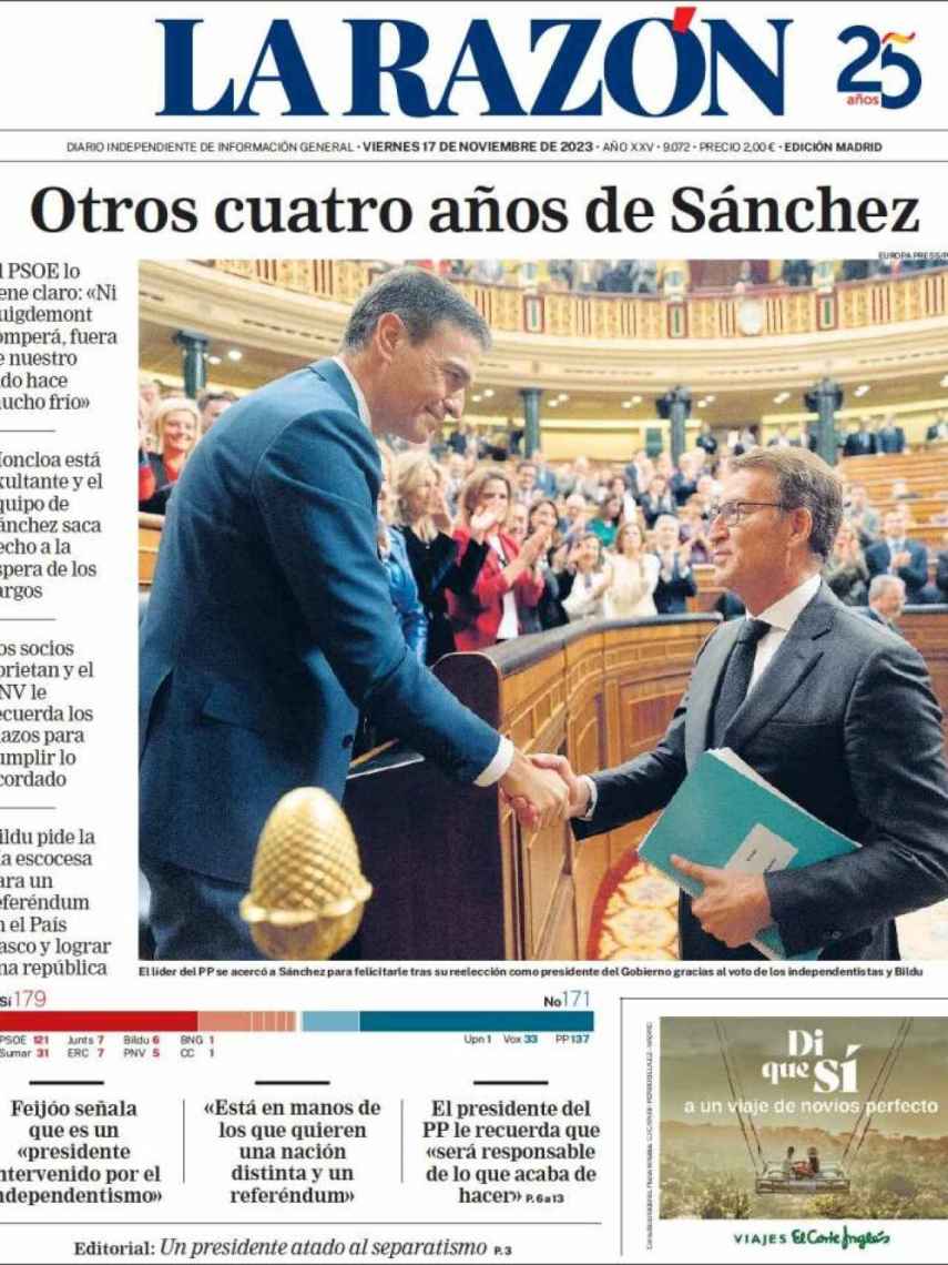 Portada de 'La Razón' de 17 de noviembre de 2023