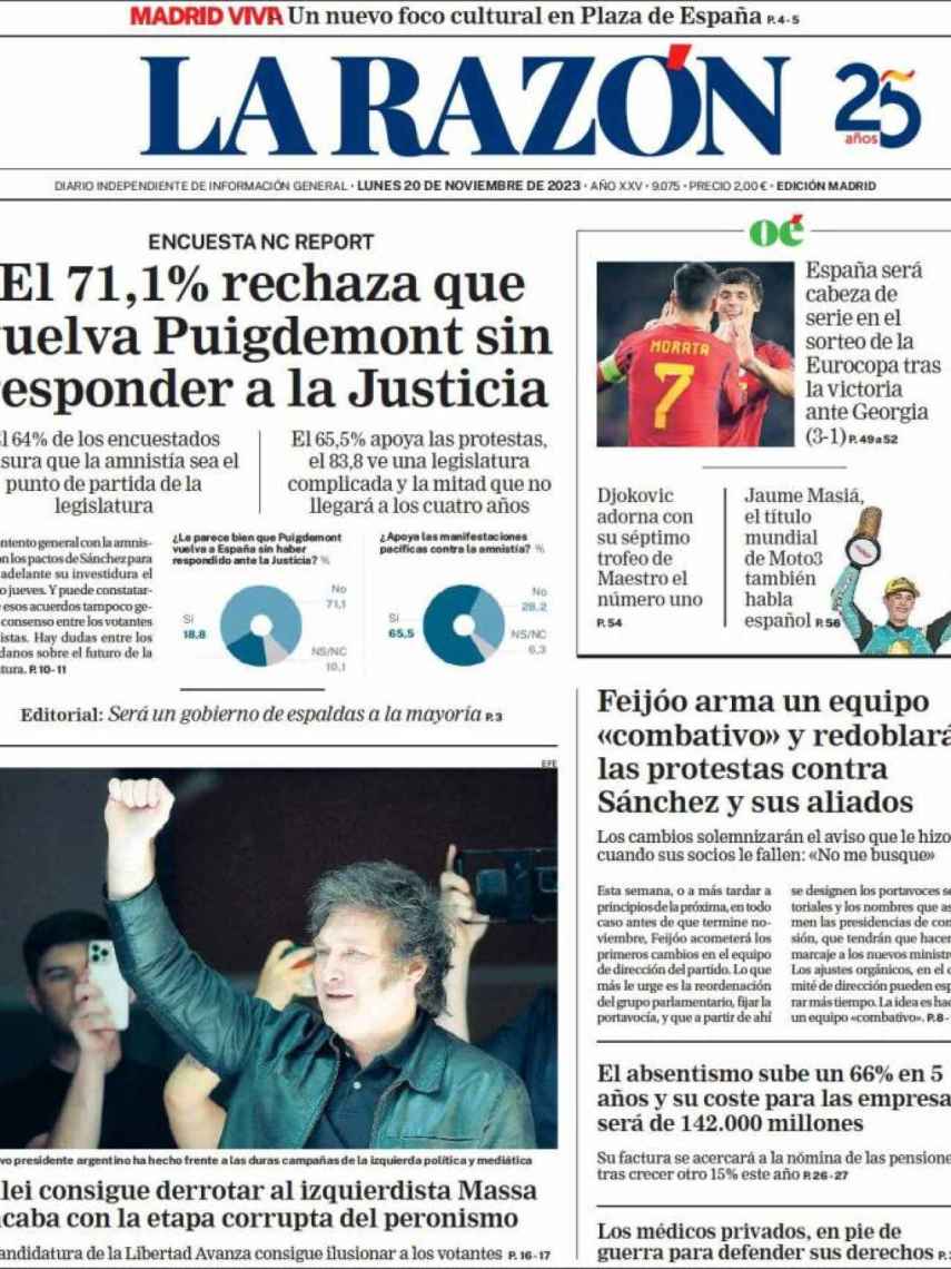 Portada de 'La Razón' de 20 de noviembre de 2023