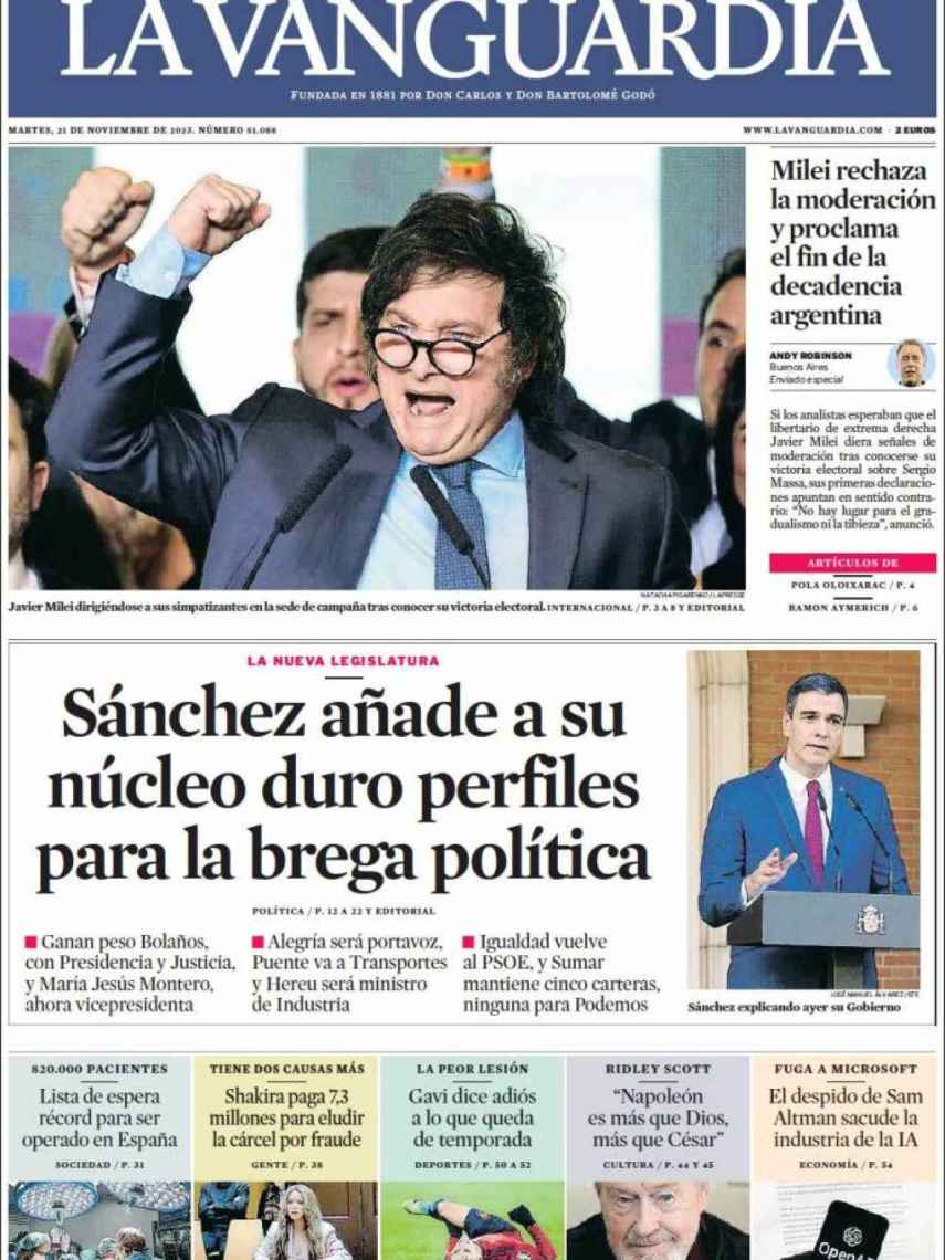 Portada de 'La Vanguardia' de 21 de noviembre de 2023