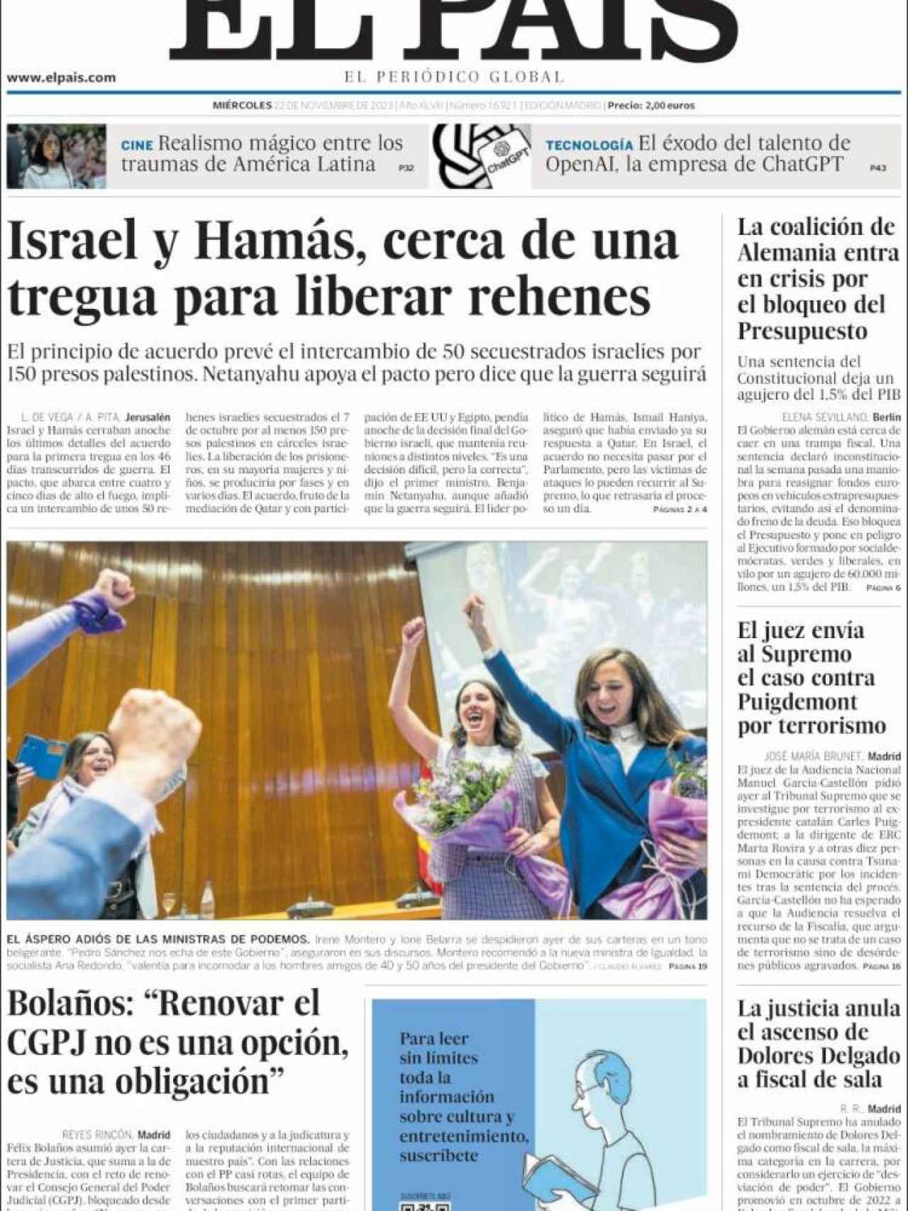 Portada de 'El País' de 22 de noviembre de 2023