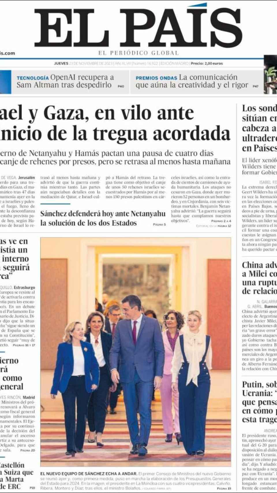 Portada de 'El País' del 23 de noviembre de 2023