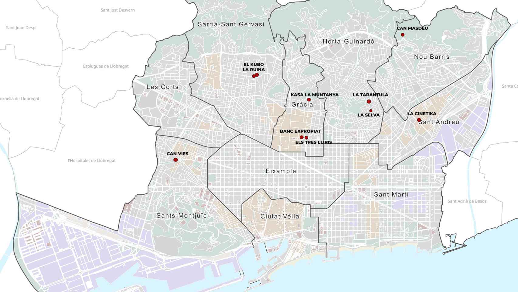 Mapa de las 'okupas' más combativas de Barcelona