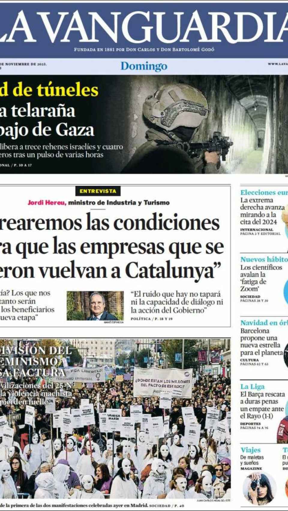 Portada de 'La Vanguardia' del 26 de noviembre de 2023