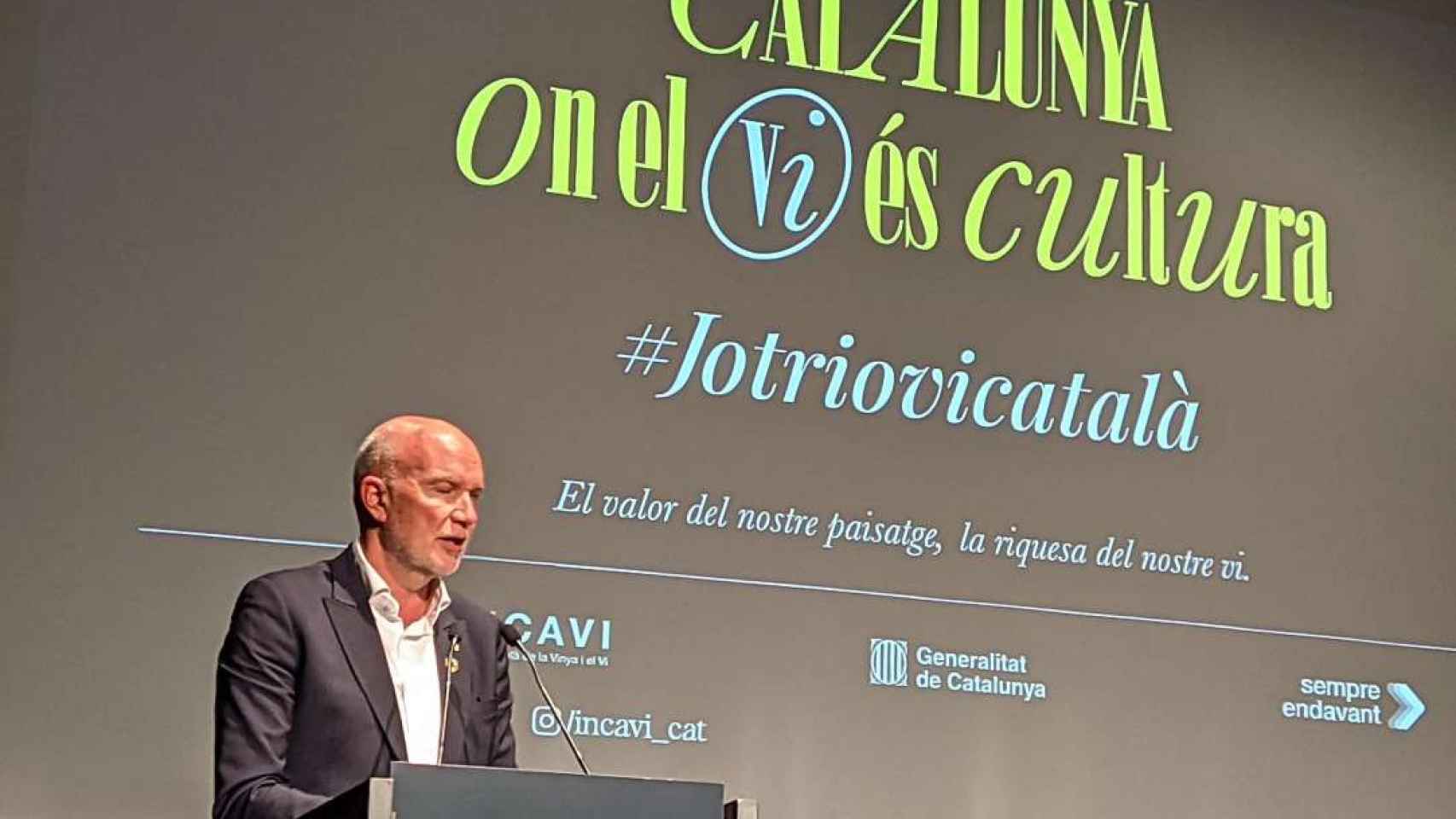 El consejero de Acción Climática, David Mascort, en la presentación de la campaña de promoción del vino catalán