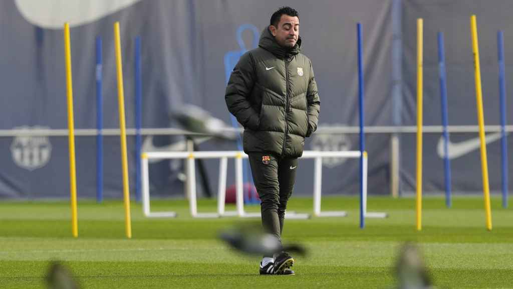 Xavi, en el entrenamiento previo al Barça-Oporto