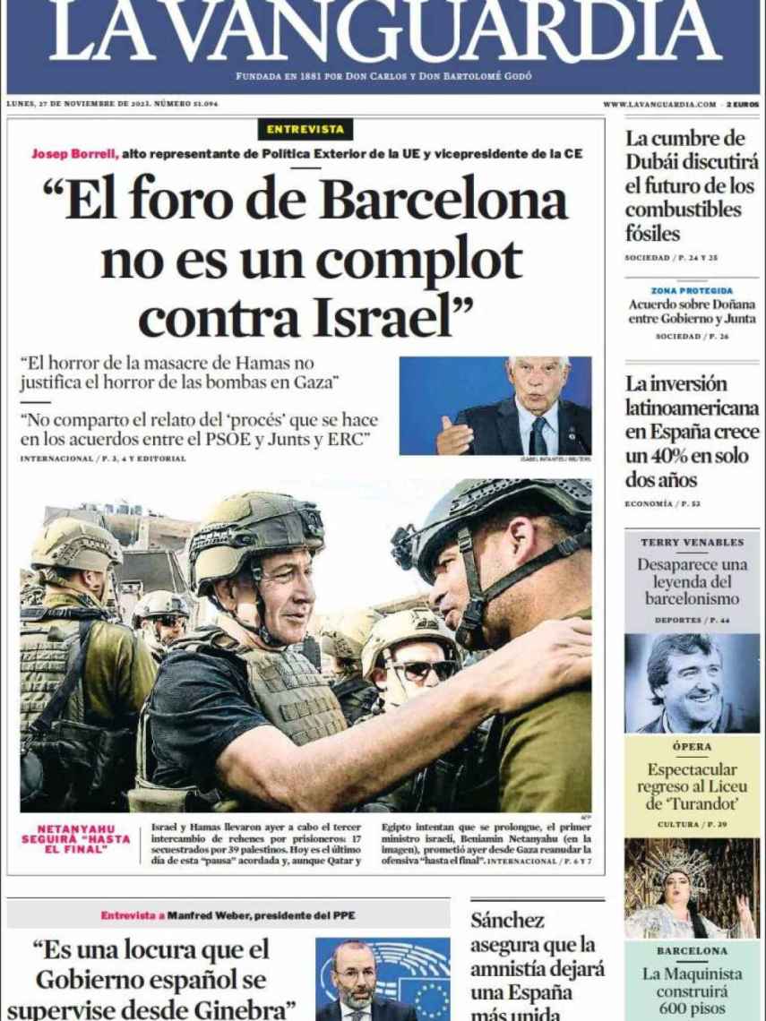 Portada de 'La Vanguardia' de 27 de noviembre de 2023