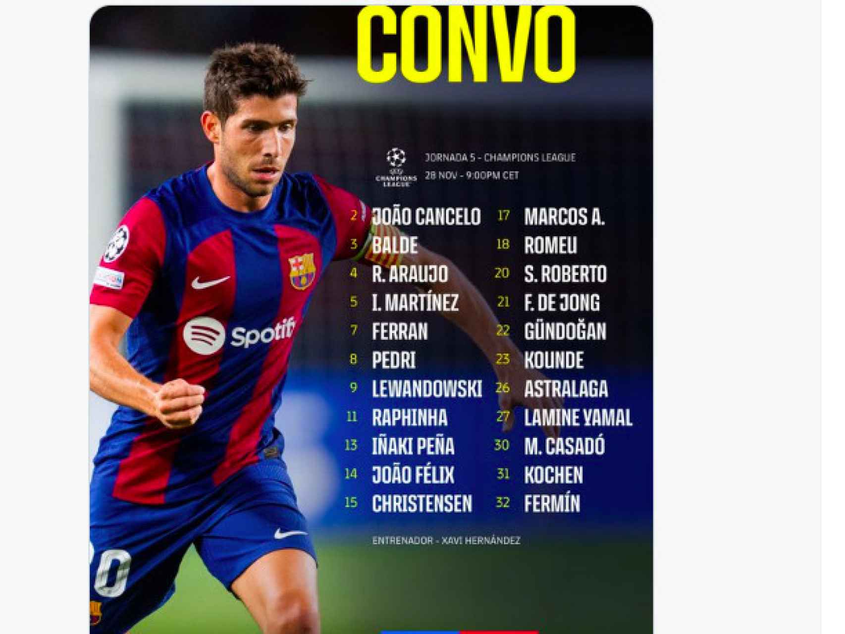 Lista de convocados de Xavi para el Barça-Oporto