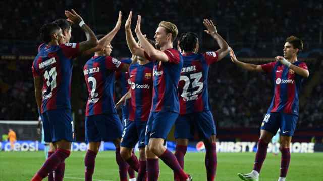El FC Barcelona, celebrando un gol en Champions League