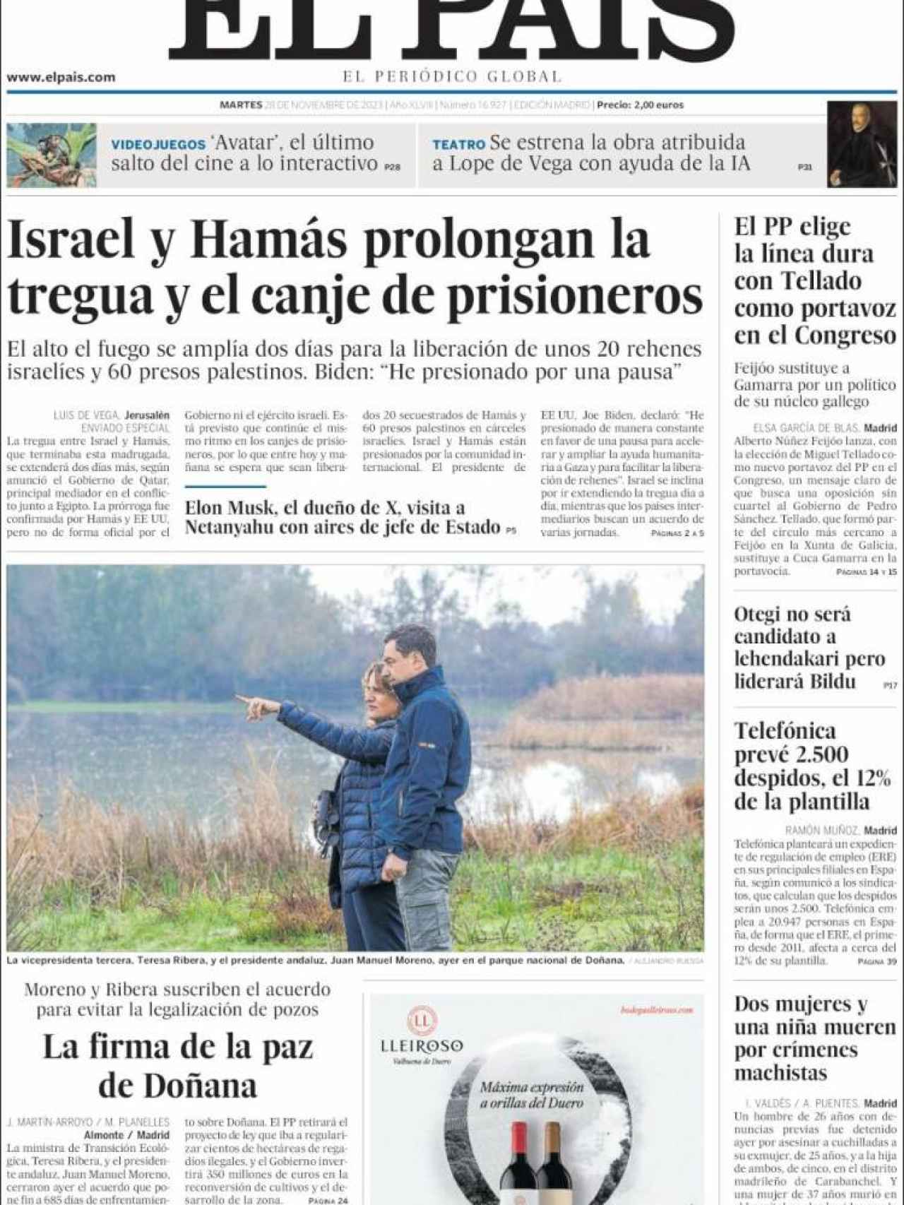 Portada de 'El País' de 28 de noviembre de 2023
