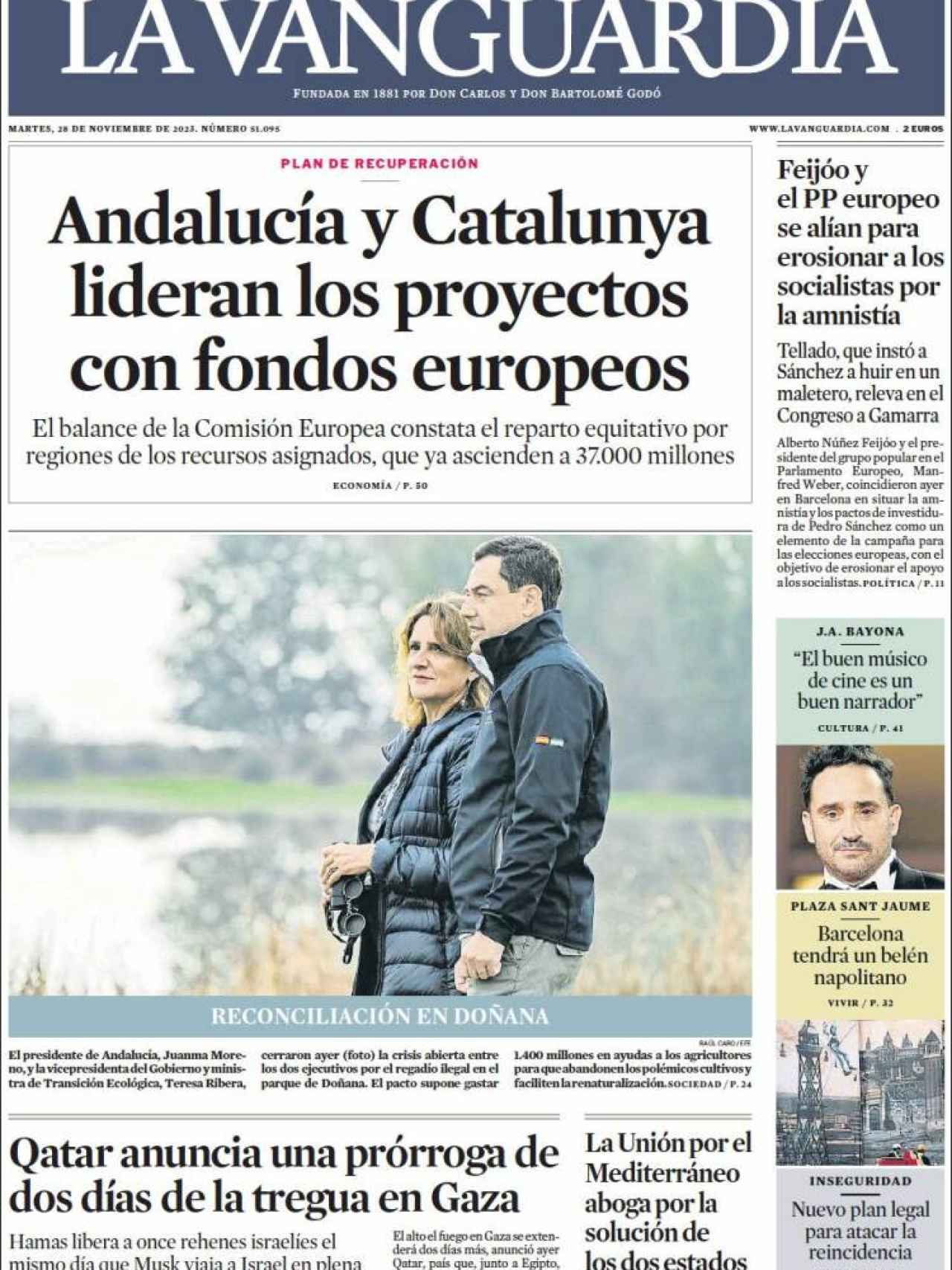 Portada de 'La Vanguardia' de 28 de noviembre de 2023