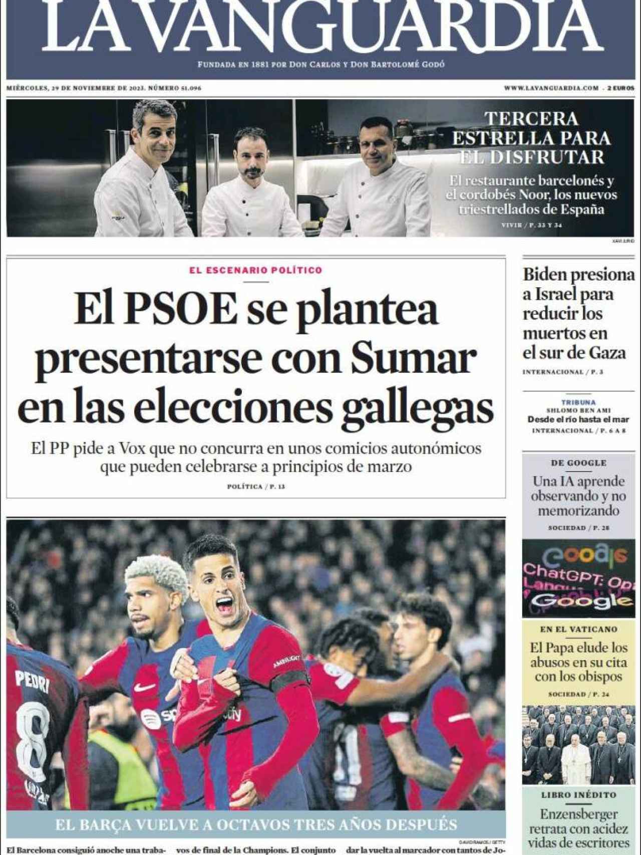 Portada de 'La Vanguardia' de 29 de noviembre de 2023