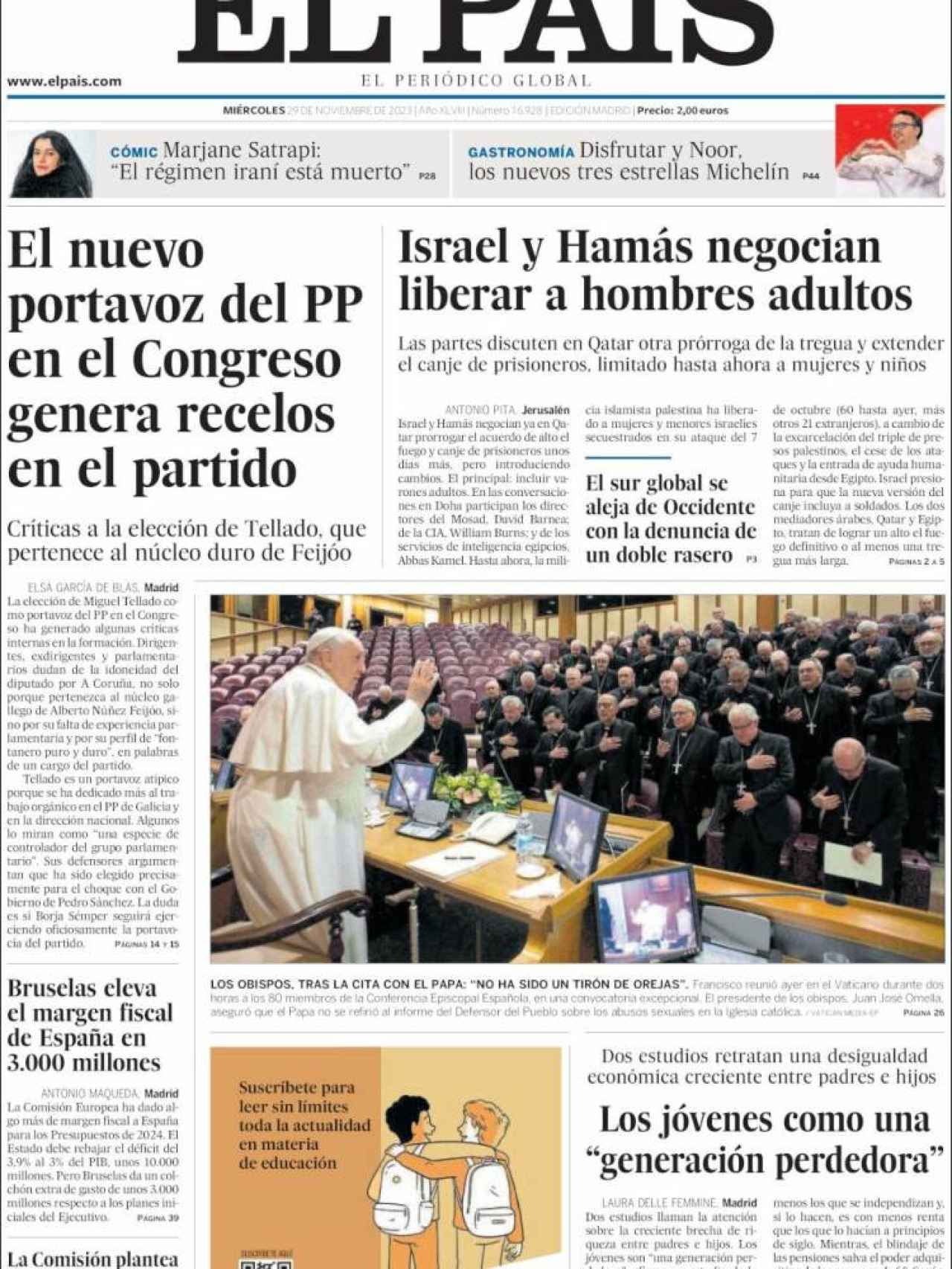 Portada de 'El País' de 29 de noviembre de 2023