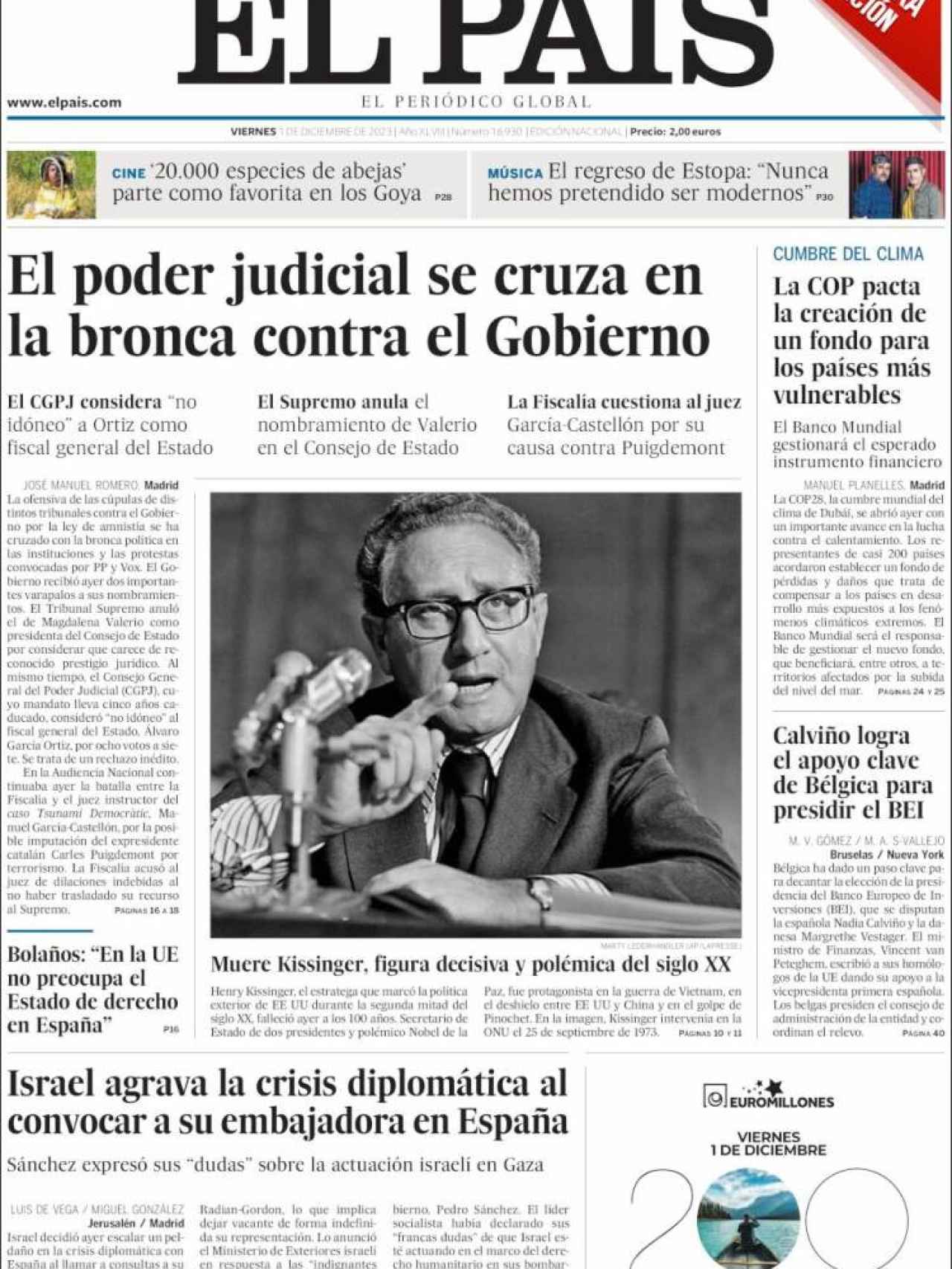 Portada de 'El País' de 1 de diciembre de 2023