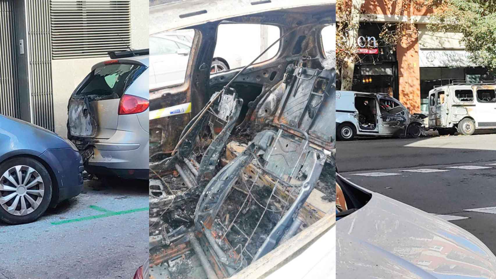 Tres imágenes de coches quemados en Barcelona